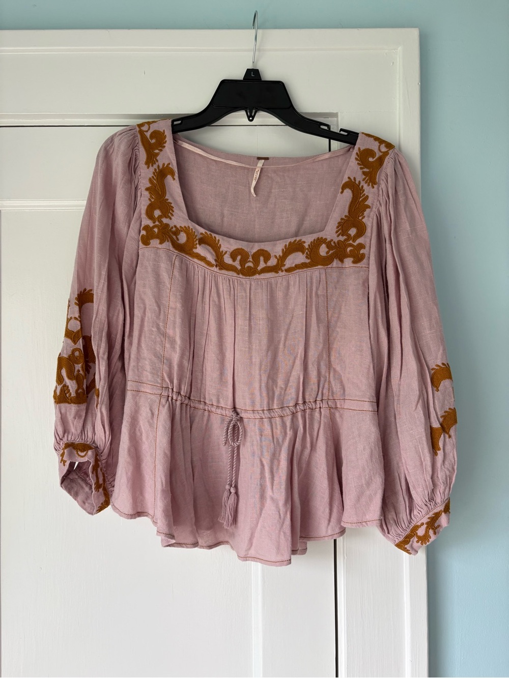 Free People Sweet Serenade Embroidered Boho Peasant Blouse Pink Gold